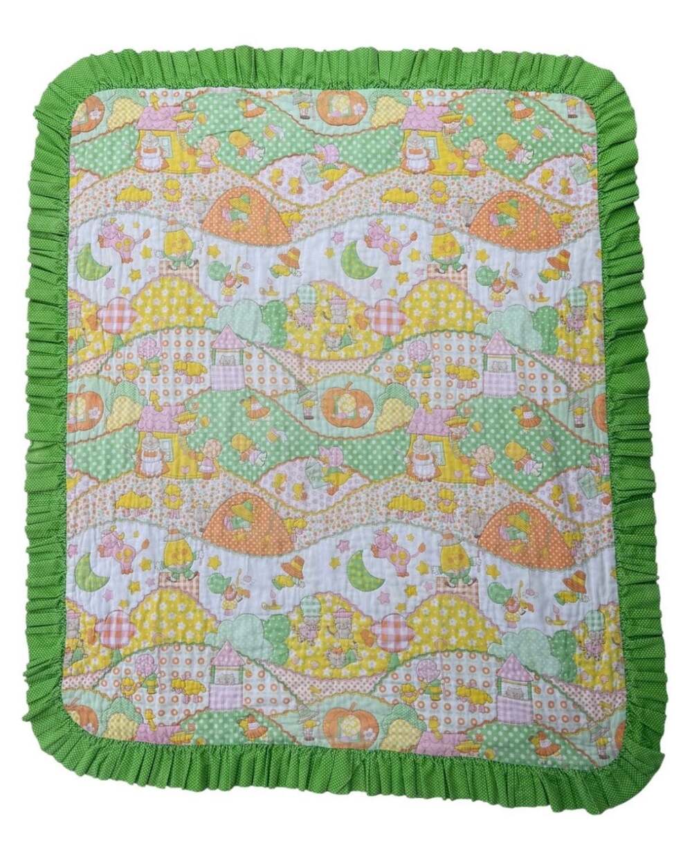 Vintage 70s Mother Goose Nursery Rhyme Baby Quilt Blanket with Green Ruffle Trim
